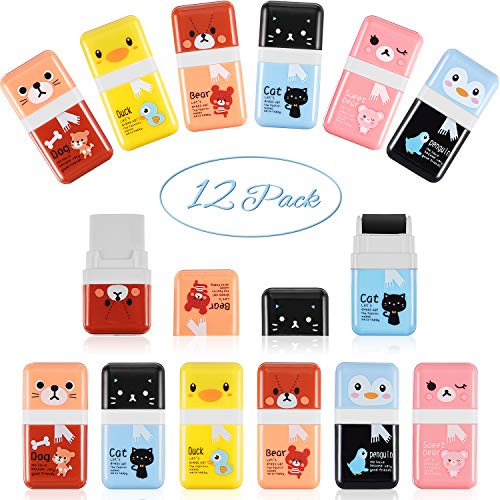 12 Pcs Pencil Erasers Cute Eraser with Shaving Roller Case for Easy Pick Up and Removal Animal Themed Party Favor School Supplies for Kids Back to School Gift