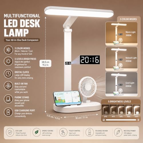 Image of One94Store BreezeGlow Pro Design Rechargeable LED Table Lamp with Fan | Touch Control Desk Light | 2400mAh Battery | Adjustable Brightness & Color Temperature | USB Powered | ABS Material | White