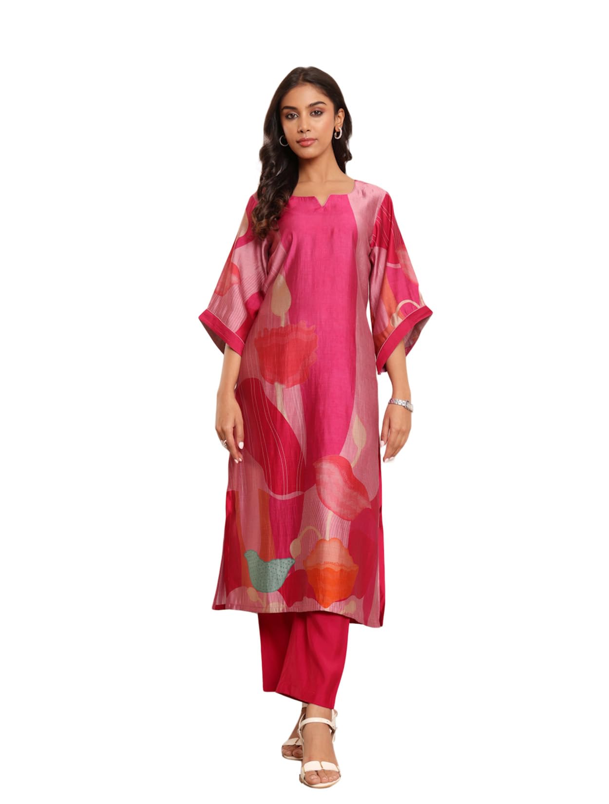 Varanga Women Chanderi Fuchsia Pink Abstract Printed Straight Kurta With Trousers Stylish Ethnic Set, Large