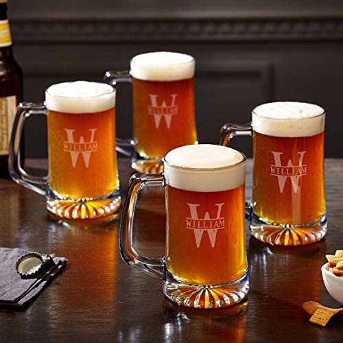 HomeWetBar Oakmont Engraved Glass Beer Mugs 15 oz, Set of 4 (Personalized Product)