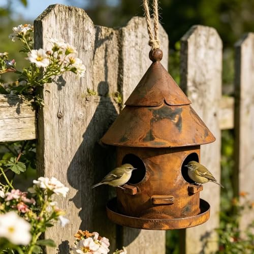 Maison à oiseaux en métal rustique avec double trou pour déco de jardin - 4