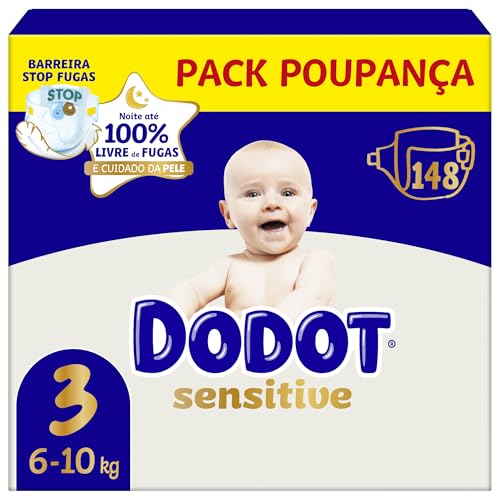 Dodot Sensitive Talla 3 (6-10 kg) Mega Pack 148 Pañales | Protección Suave para la Piel del Bebé | Máxima Absorción y Cuidado Diario