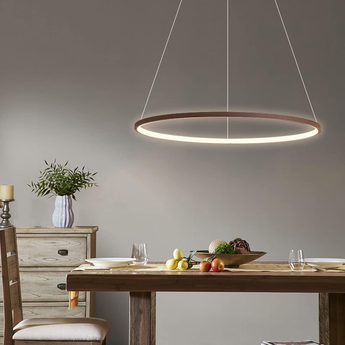 LED Modern Round Pendant Lamp Dimmable with Remote Control Pendant Lamp Height Adjustable Ceiling Light Dining Table Chandelier for Living Room Dining Room Office Bedroom Lighting (Brown, L60cm)
