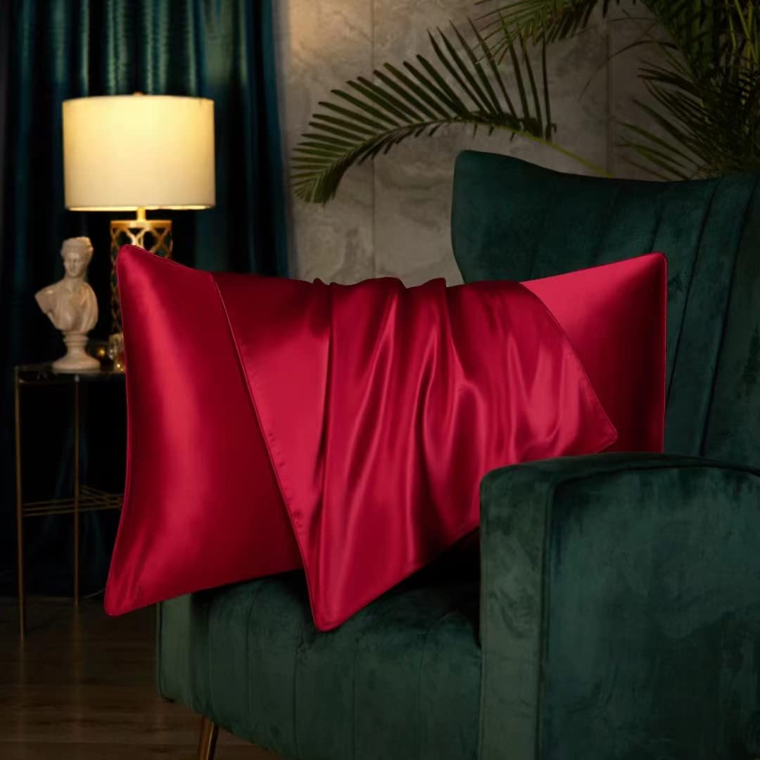 Set of 2 Charmeuse Silk Pillowcases for Hair and Skin, Satin Weave, with Hidden Zipper(Burgundy, Standard 50x75cm)