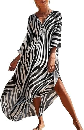 Women Kaftan Dresses Plus Size V-Neck Batwing Sleeves Beach Cover Up 2025 Summer Floral Print Caftan Dress (Zebra Strip)