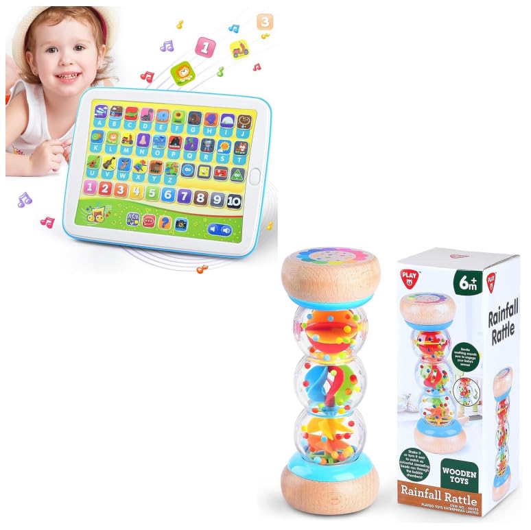 Image of PLAY Rainmaker Sensory Development Toy & Bilingual Learning Tablet Combo for Babies 6-12 Months and Toddlers 1-3 Years, Wooden Rain Stick Montessori Toy + Interactive Spanish & English Alphabet, Words