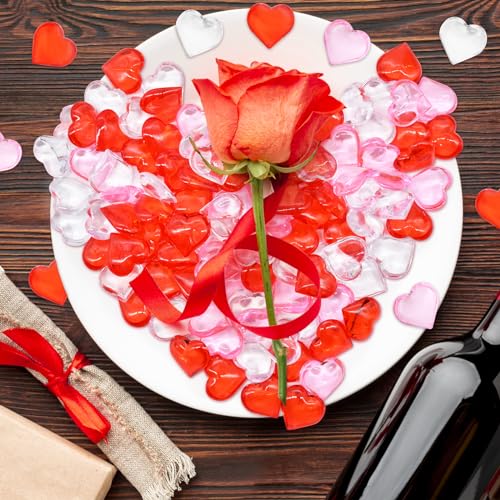 Image of 100 Pcs 3D Acrylic Hearts Ornaments Baubles, Mini Assorted Transparent, Red and Pink Crystals Beads Table Scatter Vase Filler Craft for Valentine's Day, Wedding, Engagement Decorations