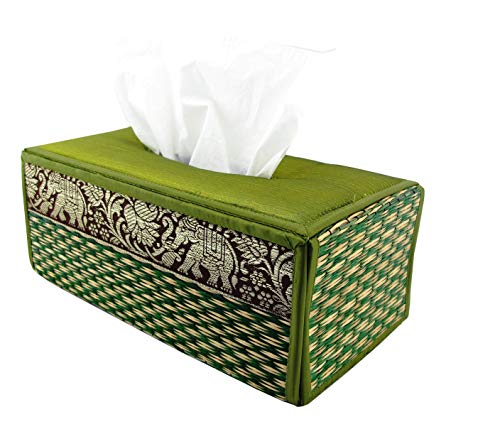 Straw Tissue Box Cover Eco-Friendly Natural Thai Elephant Flat Facial Tissue Holder Rectangular Case Dispenser (Green Tea)