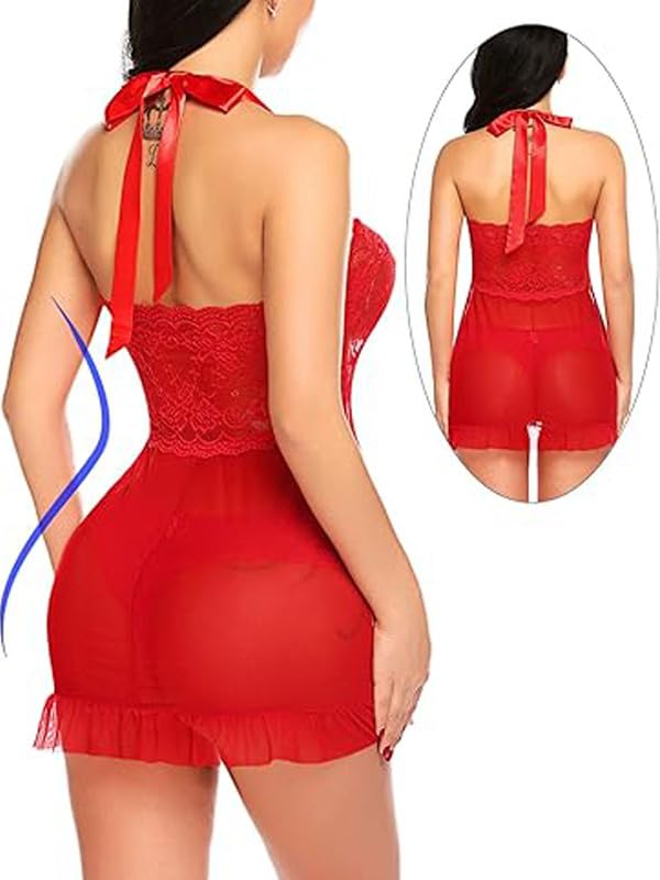 Image of Love Maker Lingerie for Women Lace Babydoll Mesh Chemise Boudoir Nightwear Sexy Nightgown Wedding Nighty Bridal Nightdress, Transparent Net Nighty for Sexy Women Lace Babydoll Lingerie for Honeymoon. Small to 2XL