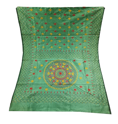Image of SHRISTI CLOTHINGS Women's Hand Embroidered Cotton Silk Kantha Stitch Saree with Blouse Piece (J420724 BAYLEAFGREEN)
