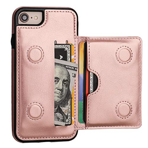 KIHUWEY for iPhone SE iPhone 7/8 Wallet Case with Credit Card Holder, Premium Leather Kickstand Durable Shockproof Protective Cover for iPhone 7/8/SE 4.7 Inch(Rose Gold)