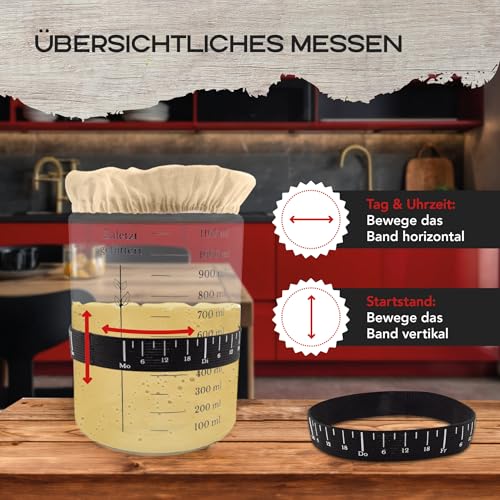 MEISTERZWECK4U Sauerteig Starter Set zum Brot backen - 1100ml Gärglas mit Thermometer, Fütterungsband...
