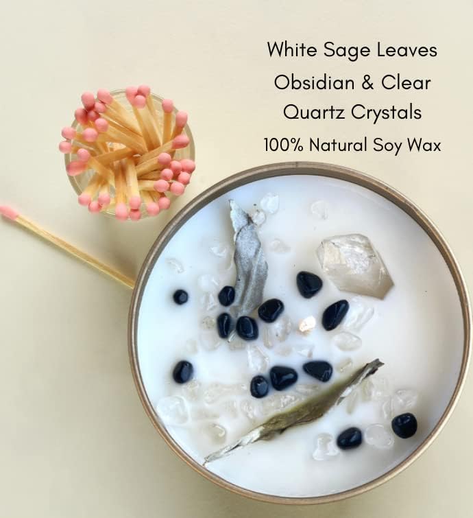 White Sage Smudge Candle with Obsidian and Quartz Crystals 100% Natural Soy Essential Oils (Obsidian Sage)