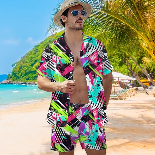 80s 90s Men's Hawaiian Outfits 2 Piece Shirt and Shorts Sets Button Down Beach Suits Disco Party3