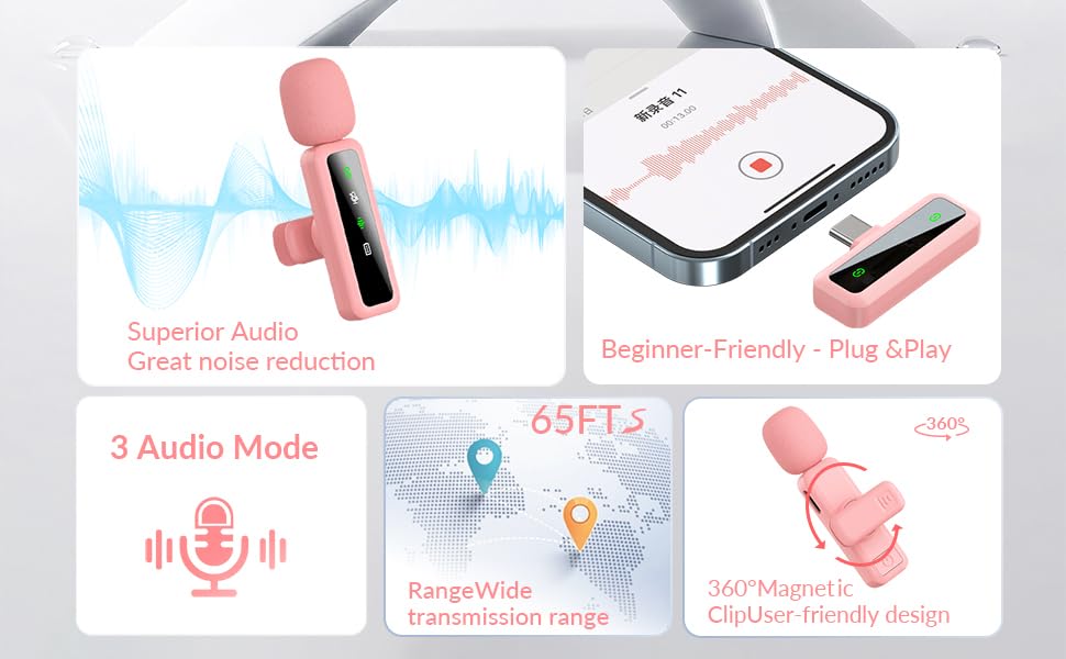 Image of Wireless Lavalier Microphone for iPhone - iPad, Android Phone Computer, Mini Microphone for Live Streaming, Video Recording, Outdoor or Indoor Interviews, YouTube, TikTok, Vlog (Pink)