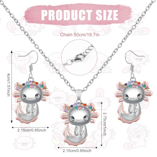 Axolotl Necklace and Earrings Set, Cute Alloy Axolotl Crystal Necklace Trendy Salamander Pendant Earring Jewelry Set for Women Men Birthday Graduation2