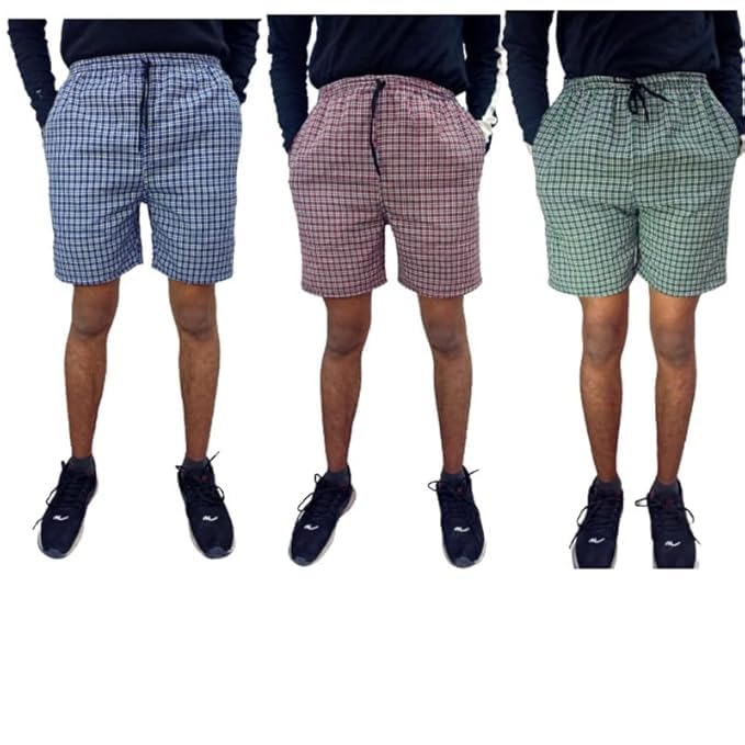 Men's Checkered Shorts, Elastic Waistband with Drawstring, Pack of 3, Blue, Pink, Green-picture-39