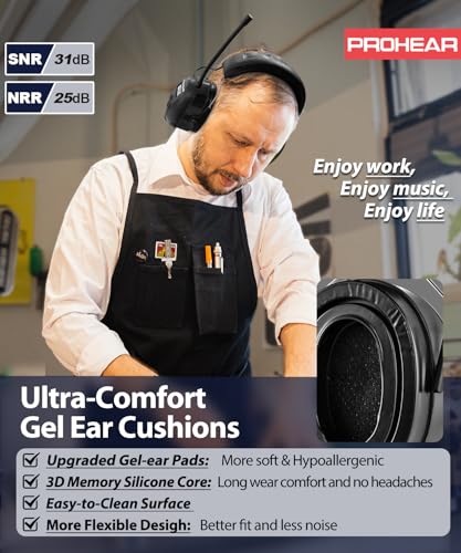 Image of PROHEAR 033 AM FM Bluetooth Radio Headphones with Gel Ear Pads - More Soft Comfort - USB C Rechargeable 1500mAh Battery - 31dB SNR 58Hrs Playtime - Hearing Protection for Mowing Lawn, Gifts for Father