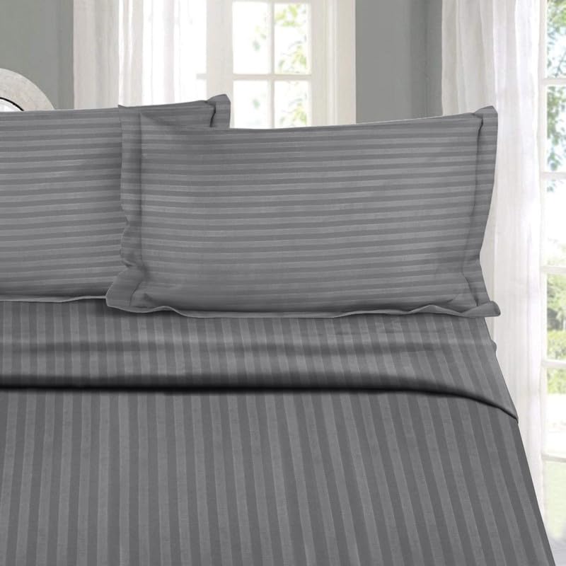 Image of Naksh Japandi Vibes Collection Elastic Fitted Bedsheets King Size 78 x 72 Inch, 210 TC Stripes Pure Cotton, Grey | 1 King Size Bedsheet with Elastic Fitted and 2 Pillow Covers