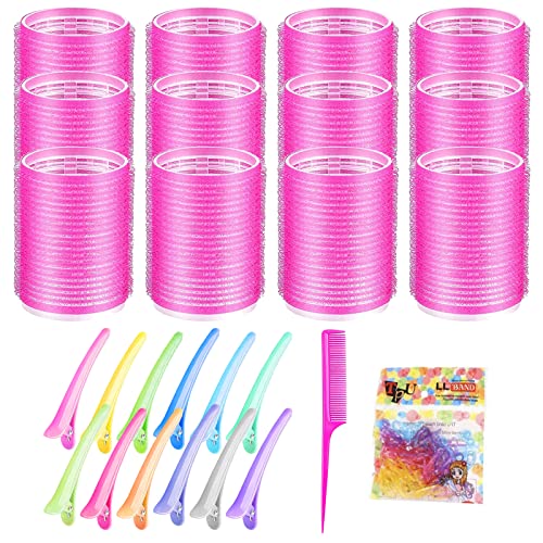 INSANYJ Bigoudis Cheveux, 26 Pièces Bigoudis Set Comprend 12 Pièces Gros Bigoudis Auto Adhésif, 12 Pinces à Bec de Canard, 1 Peigne à Longue Queue et 1 élastique à Cheveux, Bigoudis Curling Tool Cover