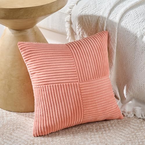 Image of Fancy Homi 2 Packs Coral Samll Decorative Throw Pillow Covers 14x14 Inch with for Couch Bed Sofa, Rustic Farmhouse Boho Home Decor, Soft Corss Patchwork Corduroy Square Peach Cushion Case 35x35 cm