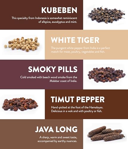Image of TIMBER TASTE Pepper Sampler Set - 5 Rare Peppercorn Blends Java Long Kubeben White Tiger Timut Smoky Pills | Mens Gifts Peppercorn Gift Foodie Cooking Kit - Birthday Gift for Him Foodie Present