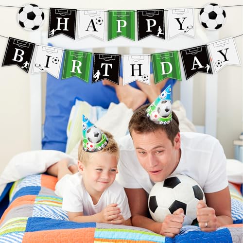 Image of Hooqict Soccer Happy Birthday Banner Birthday Party Decorations Soccer Party Banner Garland Sign for Kids Boys Men Sport Theme Game Day Decorations Supplies