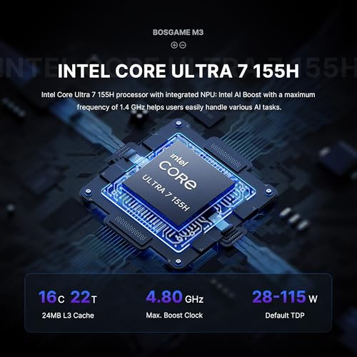 Image of BOSGAME Ai Mini PC M3, Intel Core Ultra 7 155H (16C /22T) Mini Computers Dual Channel 32GB DDR5 1TB m.2 NVMe SSD, Thunderbolt 4 Mini Desktop PC, Wi-Fi 6, Bluetooth 5.2