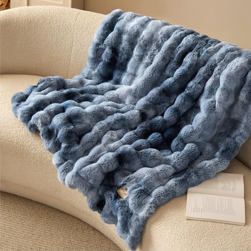 Image of Bedsure Fluffy Bubble Faux Fur Throw XL Blanket, 50 inchx70 inch, Tie-dye Blue