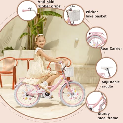 Image of Girls Bike with Basket for Toddlers and Kids Aged 3-14 Years Old, 12 14 16 18 Inch with Training Wheels & Doll Seat, 20 Inch with Kickstand & Rear Rack, Princess Style Bicycle for Gift.