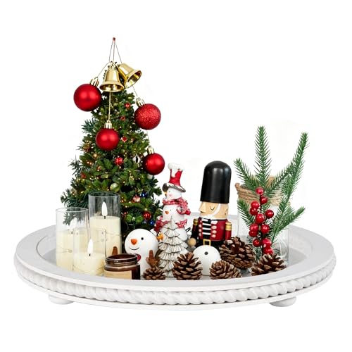 Urban Deco Decorative Trays for Home Decor, Round Wooden Trays for Coffee Table, White Stripes Tray for Living Room, Kitchen, Farmhouse Centerpiece Decor (1-Pk)