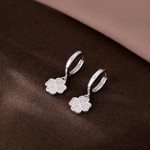 SLUYNZ 925 Sterling Silver CZ Clover Hoop Earrings Dangle for Women Teens Lucky Clover Leaf Huggie Earrings Flower Drop4
