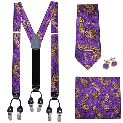 Image of Barry.Wang Men Suspender Set with Necktie Elastic Y Type Heavy Duty 6 Clips Braces Tie Handkerchief Cufflink Pin 6PCS