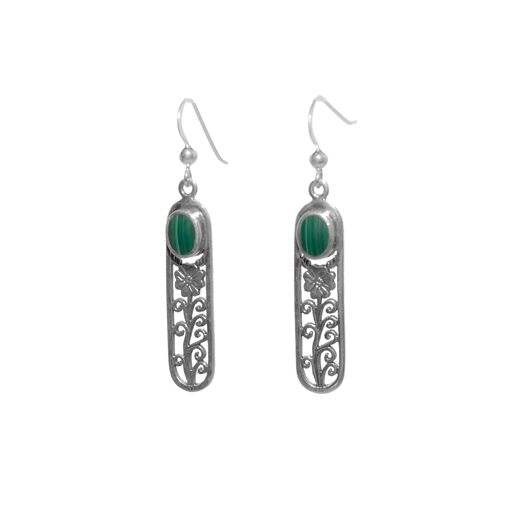 GaelSong 925 Sterling Silver Set of Earrings featuring Emerald Synthetic Malachite Flower Design Branded Gift Box Measure 1.3''