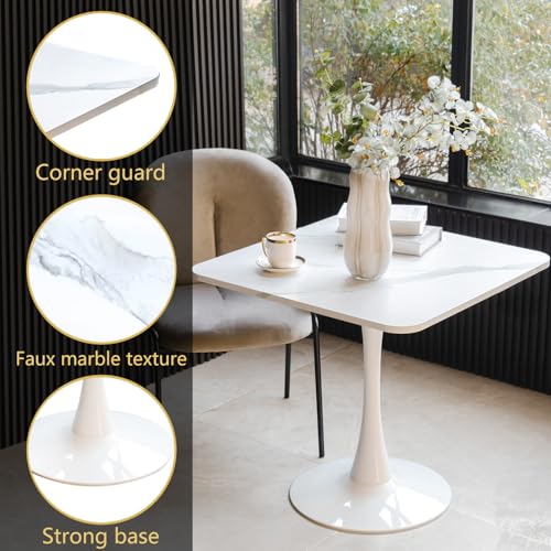 Image of 30 inch Square White Modern Dining Table - Faux Marble Tulip Kitchen Table with Heavy Duty Pedestal Metal Base, Mid-Century Bistro Table for Small Spaces, Apartment, Dining Room, 2-4 People
