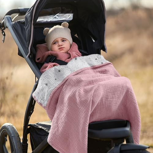 Image of lulumoon Muslin Baby Blanket for Girls: Soft Lightweight Toddler Blanket | Reversible Cotton Crib Blanket for Daycare - 47x47in Breathable Baby Swaddle for Stroller & Travel(Pink Star)