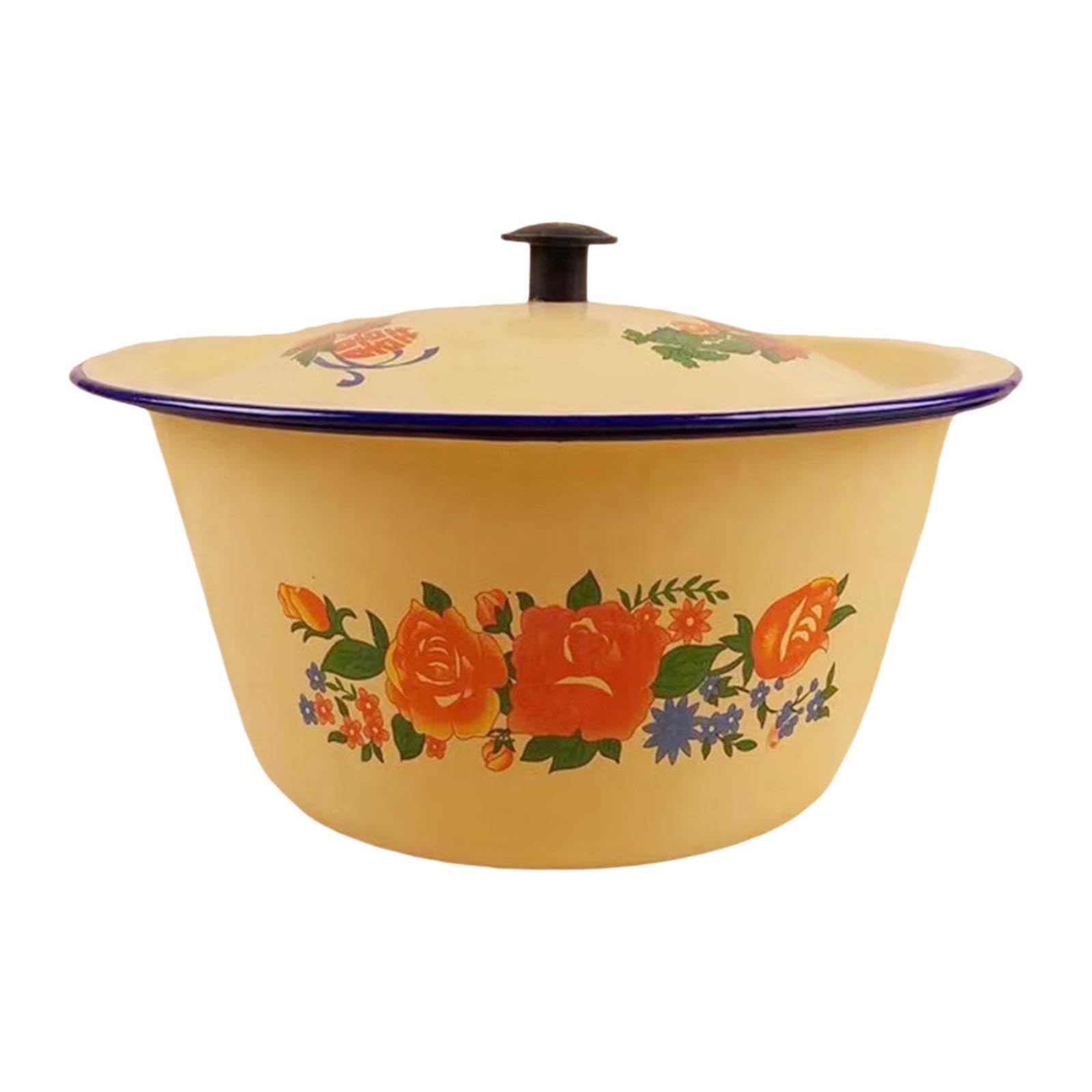 SiaBiced Creative Enamel Basin Enamelware with Cover Retro Kitchen Gadget Traditional Multifunction Kneading Bowl Storage Pot, 1.45L