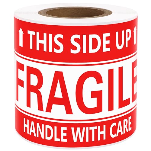 Image of 3x5 Inch Handle with Care This Side Up 100 Permanent Adhesive Fragile Stickers for Shipping Moving Glass Labels (1 Roll, 100 Labels)