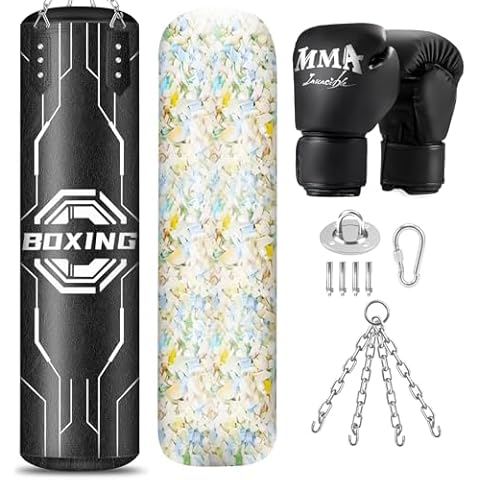 Filled Punching Bag for Adults, 4FT PU Leather Hanging Boxing Bag with11lb Sponge Filler, 12OZ Boxing Gloves, Chains, Heavy Boxing Bags Training Equipment for MMA, Kickboxing & Muay Thai Training Cover
