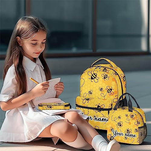Personalized Bee Backpack with Lunch Box, Set of 3 School Backpacks Matching Combo, Cute Yellow Bookbag And Pencil Case Bundle2