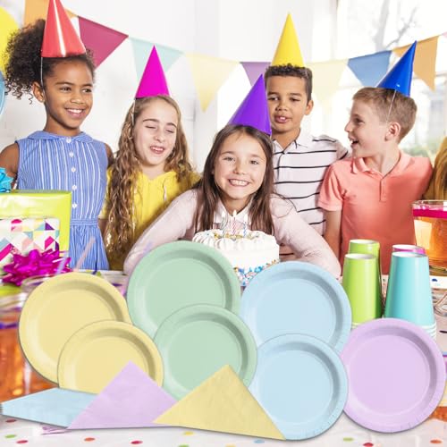 Image of CMUSKO Pastel Party Decorations-150Pcs Rainbow Plates and Napkins Pastel Colorful Tableware Serves 50,for Girl Birthday,Baby Shower,Wedding