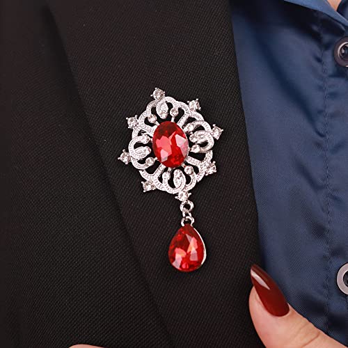 Image of Kercisbeauty Ruby Red Rhinestones Brooch Pin for Unisex Women Men Teardrop Silver Brooches Dress Suit Jewelry (Red)