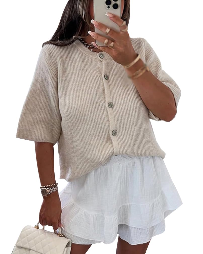 Col V Boutonne Irevial - Cardigan Court Manches Longues - Col V Boutonné - 70% Viscose, 30% Nylon - Printemps/été Boléro Femme