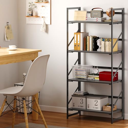 Image of JSB No Assembly Folding Bookshelf, 4 Tier Industrial Metal Book Shelf for Storage, Vintage Wood Foldable Bookcase for Living Room, Bedroom, Office Organization Shelves
