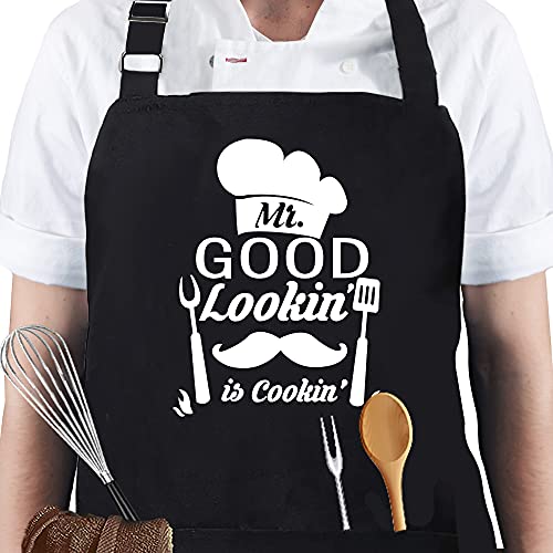 Skull Chef Mr. good Lookin is Cooking Aprons, Funny Black BBQ Chef Aprons for Men with 3 Pockets, Cute Gardening Grill Kitchen Cooking Apron, Unique Birthday/christmas/thanksgiving BBQ Grilling Gifts
