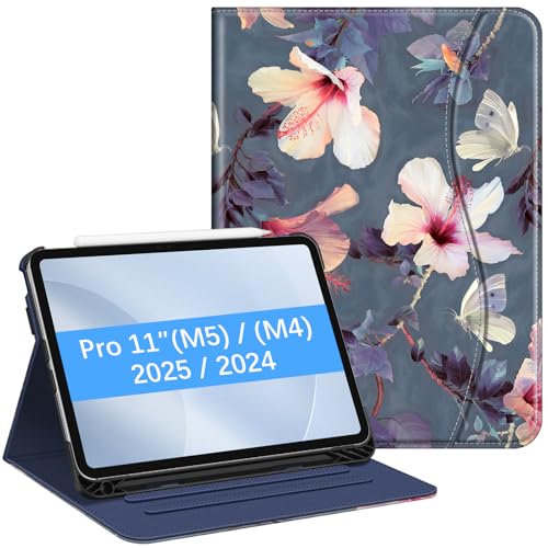 Image of Fintie Folio Case for iPad Pro 11-inch (M5) 2025 / (M4) 2024 - Multiple Angles Viewing Stand Protective Cover with Pencil Holder & Pocket, Auto Wake /Sleep, Hibiscus
