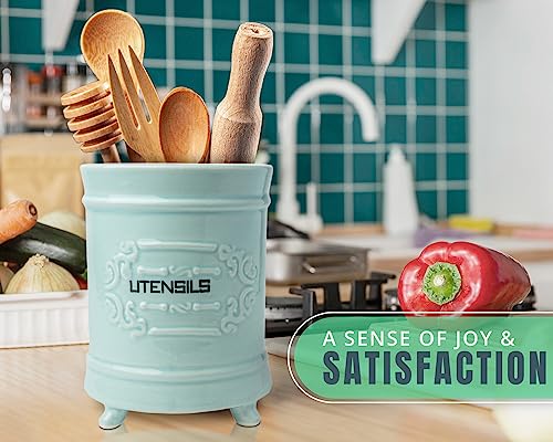 Comfify French Blue Ceramic Utensil Holder - Vintage Style Kitchen Utensil Caddy - Antique Design Cooking Utensil Organizer - Rustic French Country Utensil Crock for Cooking Enthuziast - Image 6