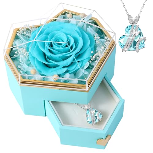 PatNlevs Rose Eternelle avec Collier en Forme de Cœur et Boîte à Bijoux, Cadeau Saint Valentin Femme, Coffret Cadeau Saint Valentin Femme Anniversaire Fete des Mere...