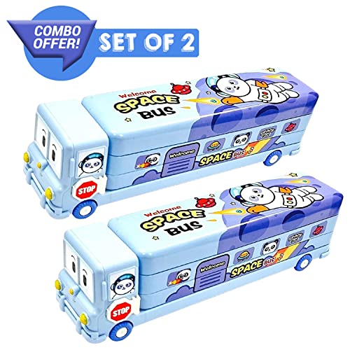 Image of Party Propz School Bus Pencil Box Boys - Pack Of 2 Compass Box With Wheel, Stylish School Bus Pencil Box For Boys, Pencil Box Bus Toys For Kids 3+ Years Can Also Be Used As Kids Geometry Box, Blue