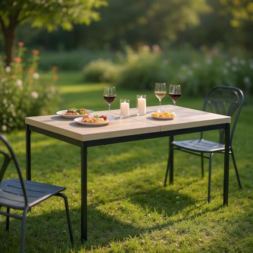 FurnitureR Tables à Manger de Jardin en Grise, Style Épuré et Élégant pour 4 à 6 Personnes, Plateau en Bois Epais avec Structure Métallique, pour Terrasse, Patio, Garden, 150x75x75cm